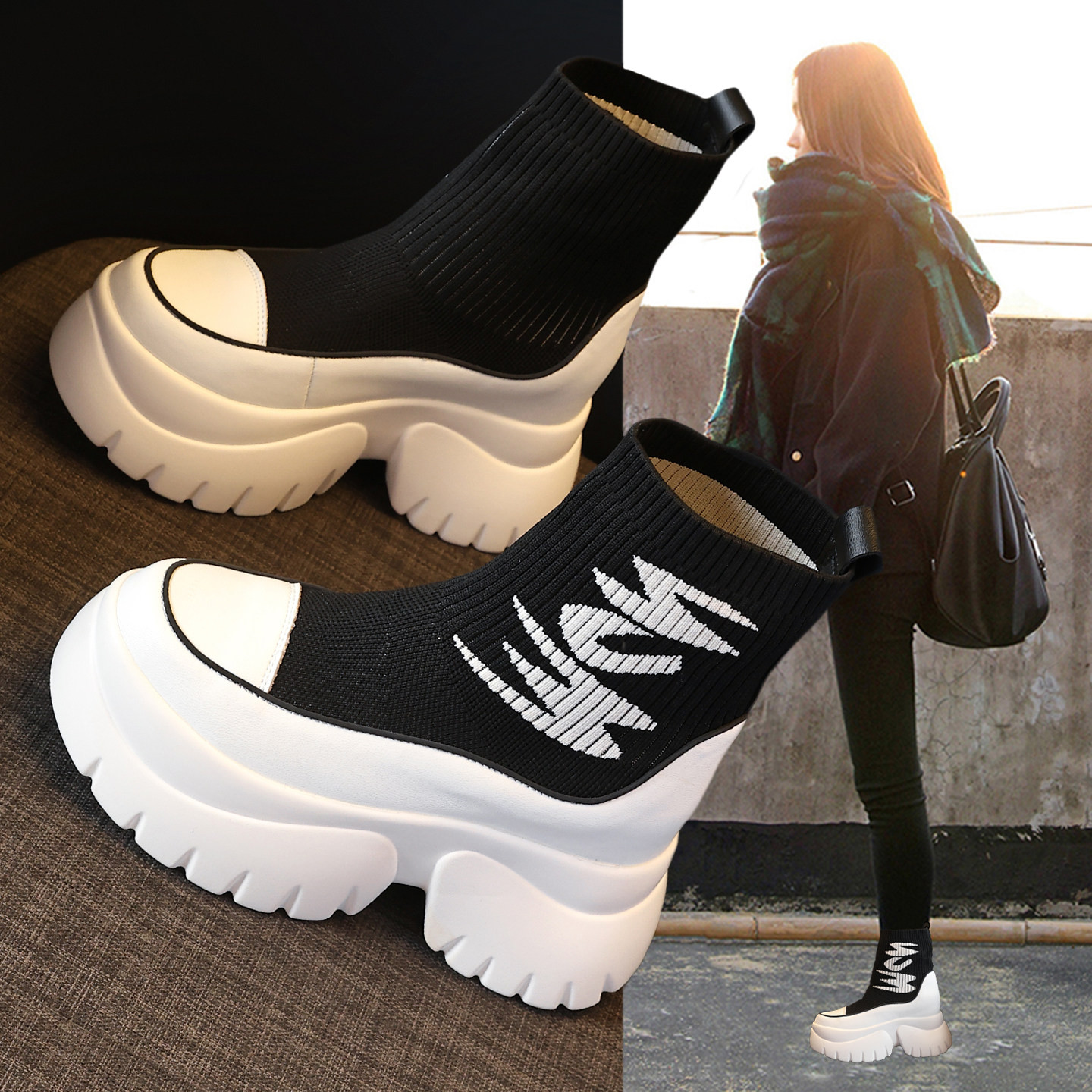 真皮高帮弹力袜靴女2025新款秋冬加绒棉鞋厚底松糕内增高休闲短靴,女鞋,弹力靴/袜靴,淘宝优惠券,粉丝福利购,淘宝优惠卷