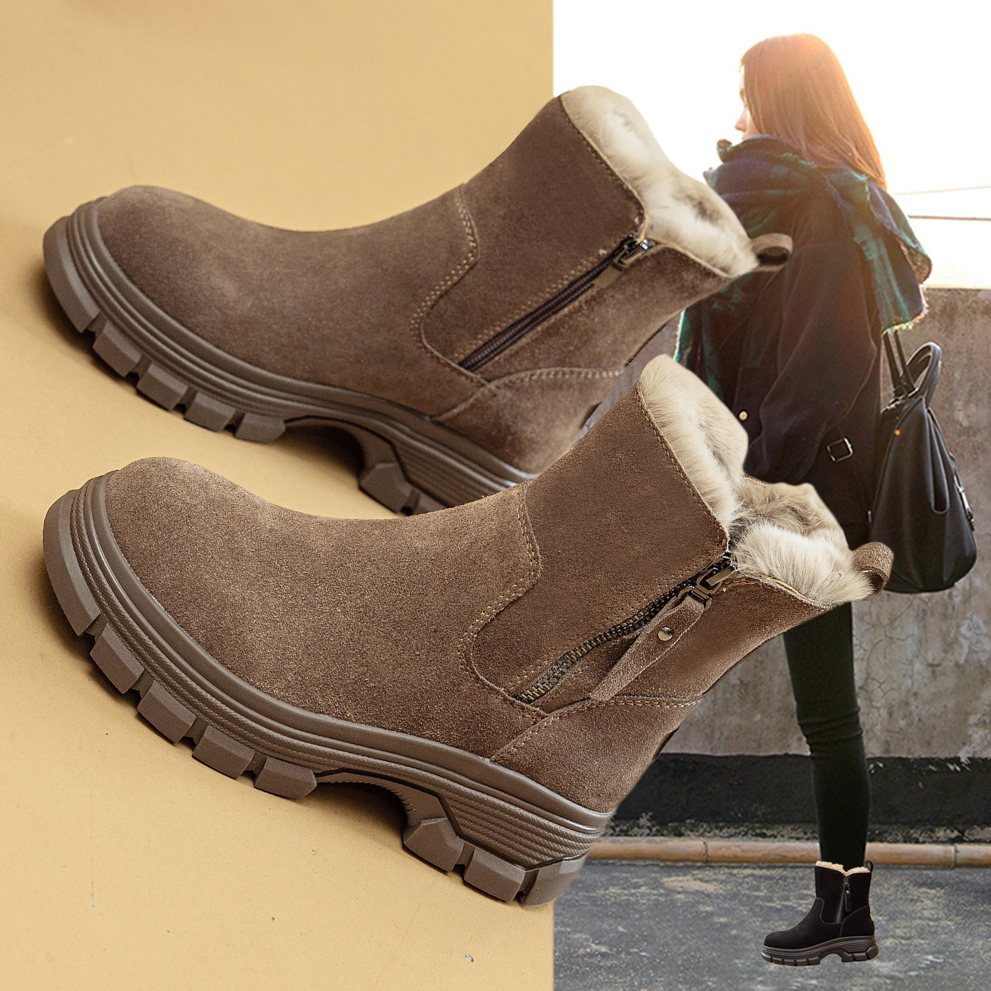 皮毛一体雪地靴女冬季加绒加厚2025新款保暖棉鞋复古厚底磨砂短靴,女鞋,时尚雪地靴,淘宝优惠券,粉丝福利购,淘宝优惠卷