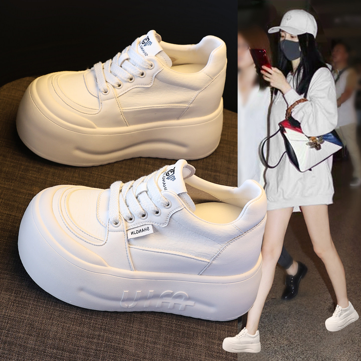 10厘米内增高小白鞋女2026春季新款百搭真皮厚底松糕休闲大头单鞋