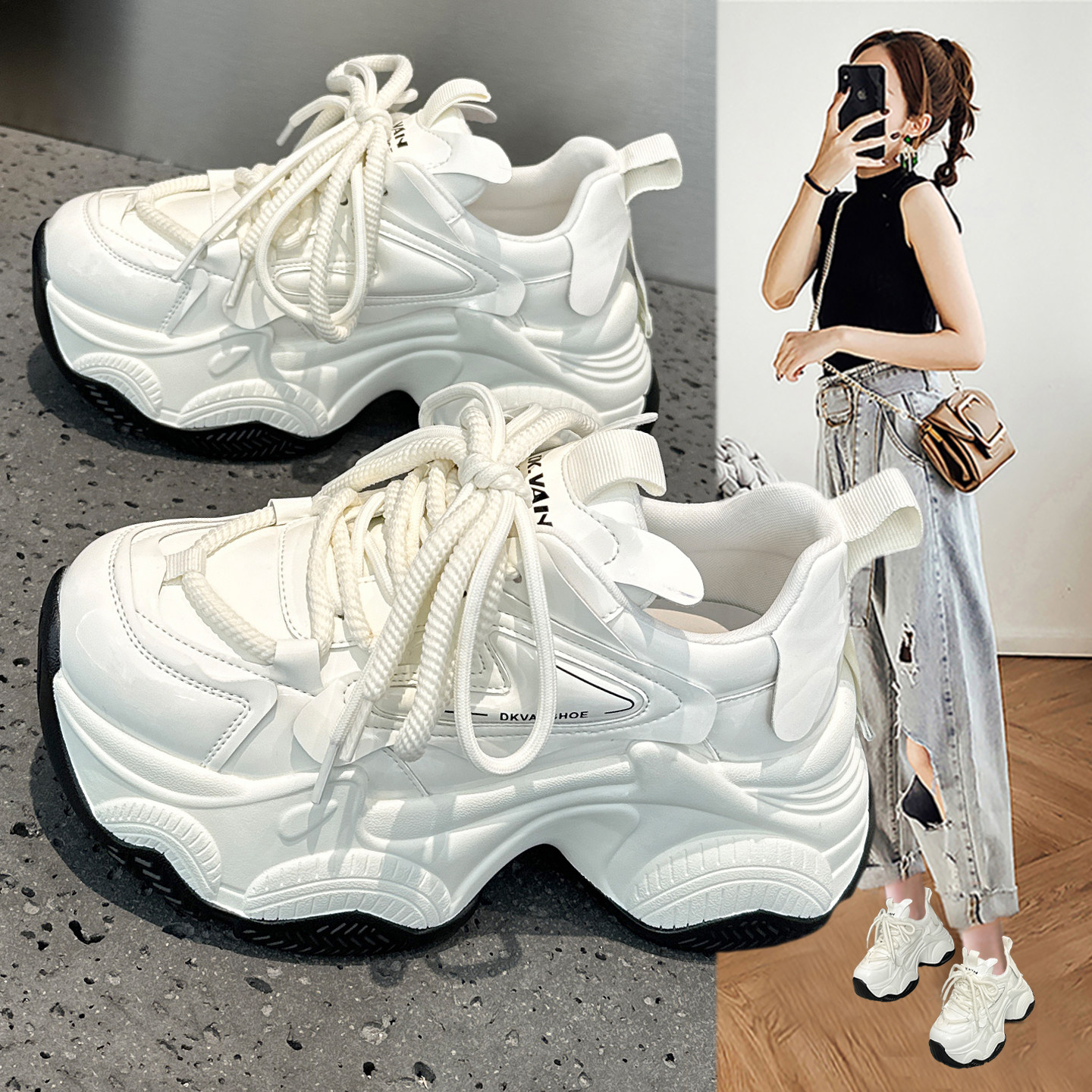 欧洲站显脚小老爹鞋女2026春季新款巨好看厚底小个子运动休闲白鞋,女鞋,时尚休闲鞋,淘宝优惠券,粉丝福利购,淘宝优惠卷