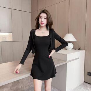莫代尔大码修身短款开衫吊带连衣裙女春秋新款显瘦长袖防晒套裙夏