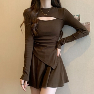 春季套装女大码小个子镂空设计感长袖上衣黑色裤裙短裙两件套夏季