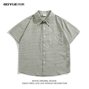 BOYUE帛跃夏季 百搭休闲情侣复古学院风通勤bf男衬衣 格子短袖 衬衫