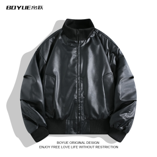 BOYUE帛跃美式 立领pu皮骑行棉服机车痞帅保暖夹棉高街防水外套男