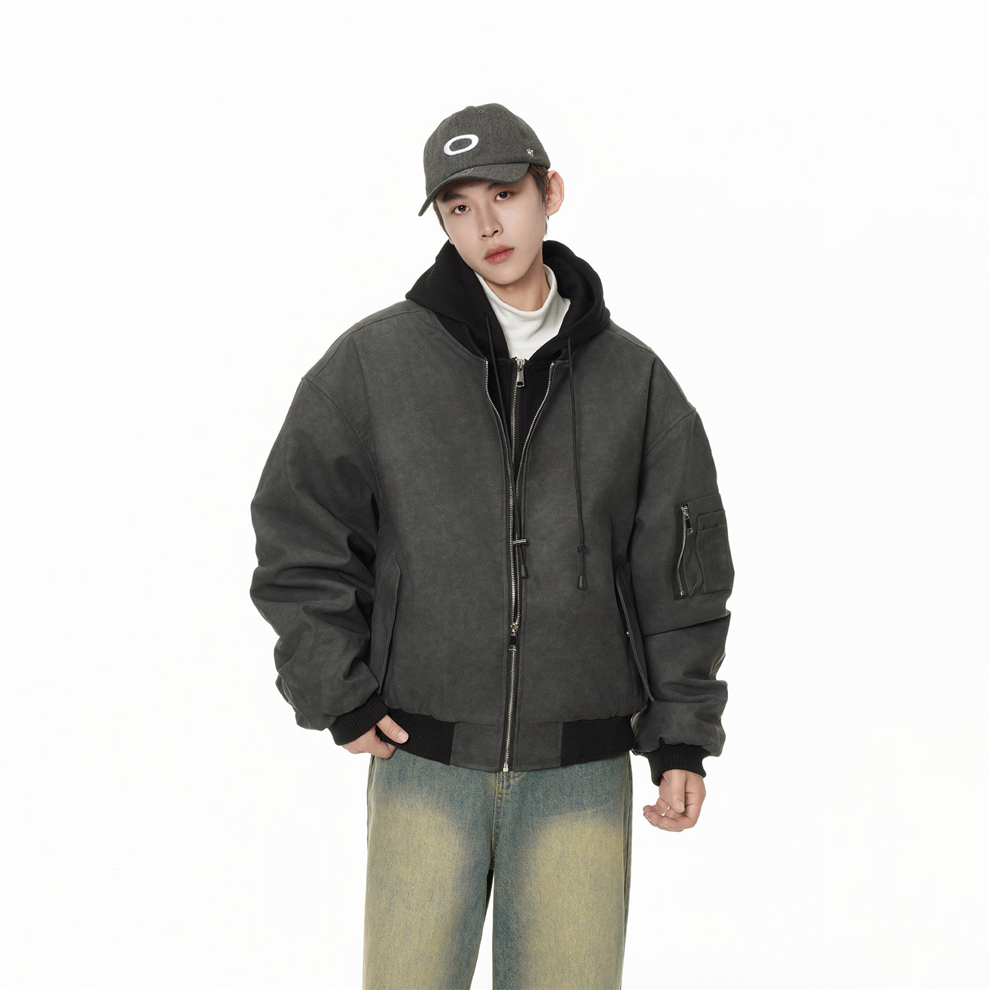 BOYUE帛跃假两件连帽青少年拼接棉服休闲美拉德加厚男女嘻哈外套