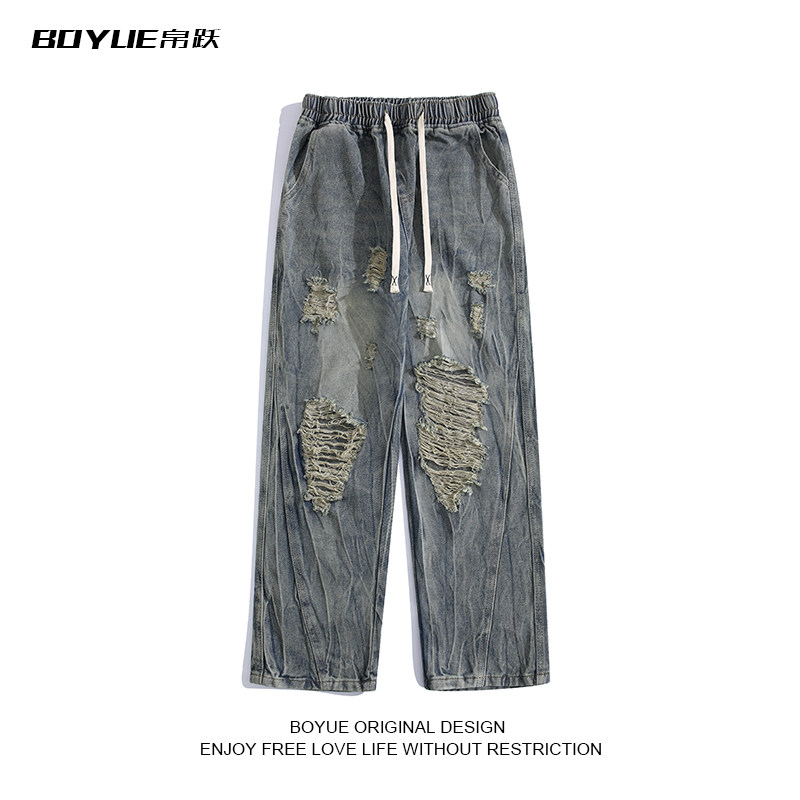 BOYUE帛跃欧美炸街做旧破洞牛仔裤乞丐抽绳竹节纹男工装阔腿长裤