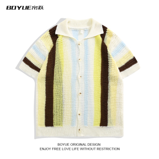 透气海边穿搭休闲男女短袖 BOYUE帛跃夏季 多巴胺复古镂空针织衬衫