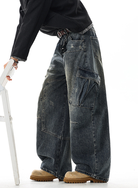 BOYUE帛跃美式街头解构廓形重工牛仔裤嘻哈大口袋潮男阔腿弯刀裤