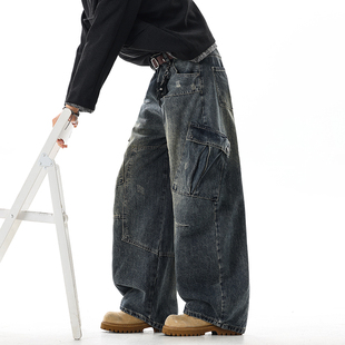 BOYUE帛跃美式街头解构廓形重工牛仔裤嘻哈大口袋潮男阔腿弯刀裤