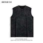 ins 坎肩透气薄款 BOYUE帛跃夏季 黑色做旧纯棉背心男潮运动上衣无袖