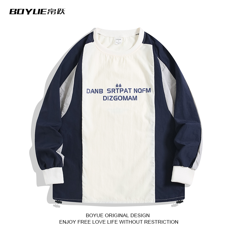 BOYUE帛跃美式工装拼接插肩长袖运动情侣学院风套头薄款卫衣T恤男