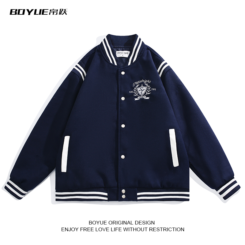 BOYUE帛跃美式学院风刺绣撞色棒球服休闲毛呢时尚男女飞行夹克ins