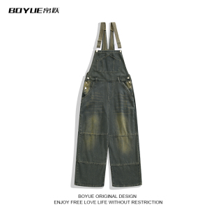 连体裤 街头嘻哈渐变痞帅工装 男 做旧复古背带牛仔裤 BOYUE帛跃美式
