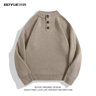 BOYUE帛跃卡其色毛衣日系纽扣立领休闲百搭情侣慵懒秋冬男女外套