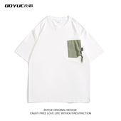 BOYUE帛跃夏季 T恤 男生日系高级设计感半袖 潮流个性 不规则拼色短袖