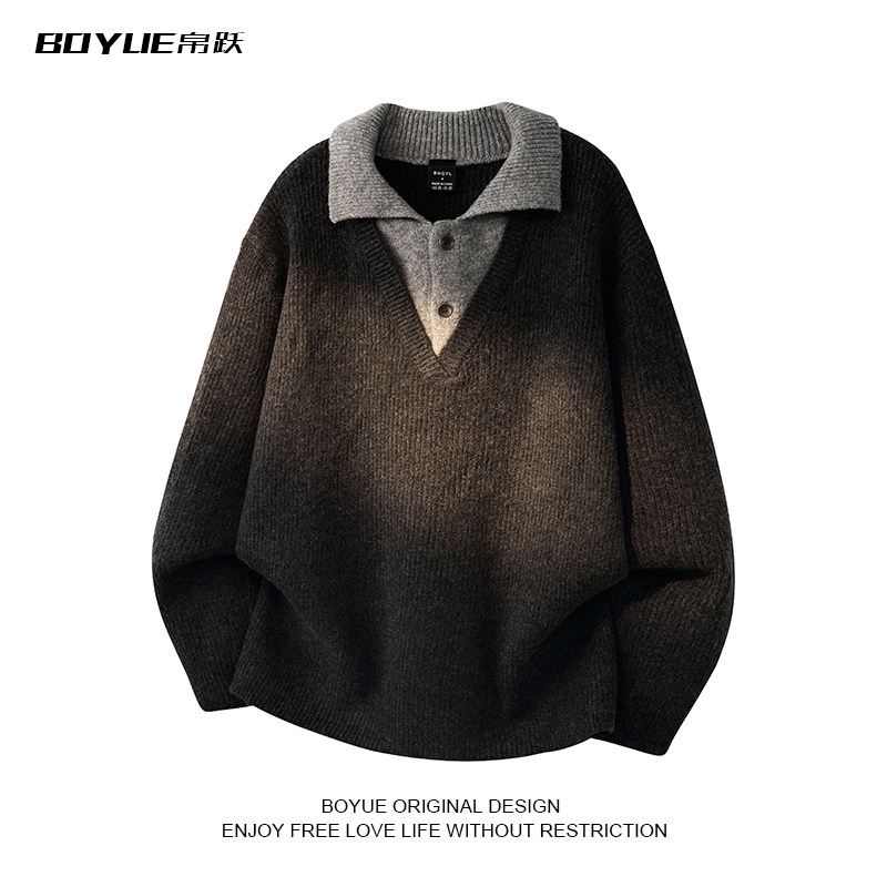 BOYUE帛跃日系假两件拼接长袖毛衣百搭学院风外穿翻领针织衫男女