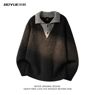 BOYUE帛跃日系假两件拼接长袖毛衣百搭学院风外穿翻领针织衫男女
