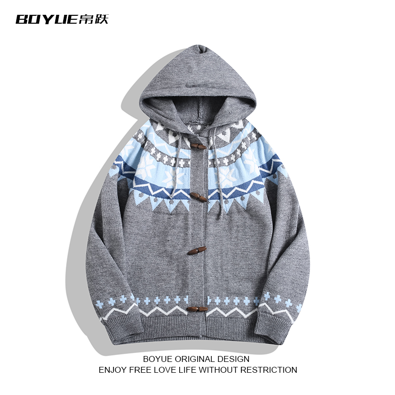 BOYUE帛跃费尔岛风连帽针织开衫
