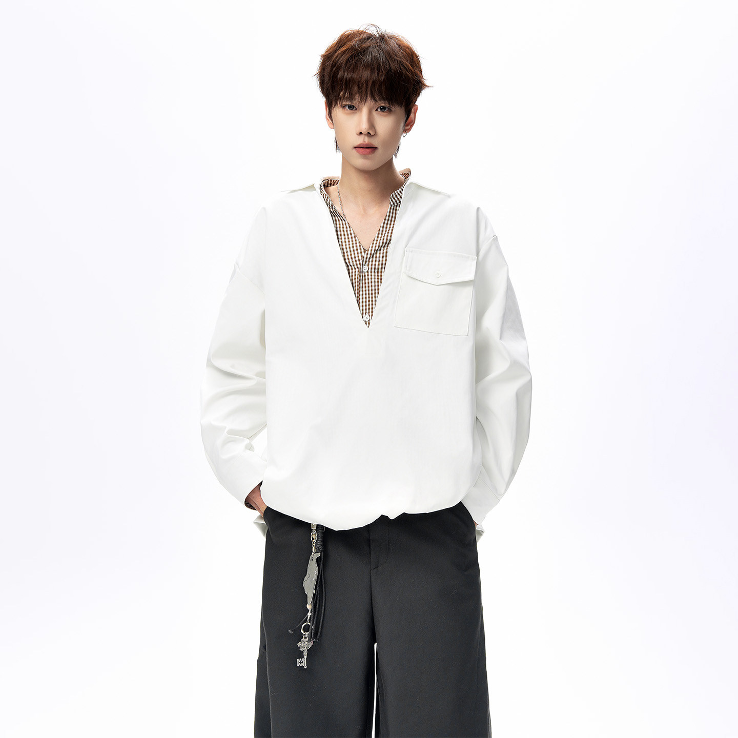 BOYUE帛跃假两件拼接格纹衬衫工装口袋文艺休闲时尚套头衬衣男女,男装,衬衫,淘宝优惠券,粉丝福利购,淘宝优惠卷