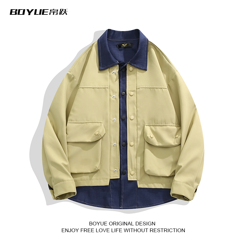BOYUE帛跃假两件拼接牛仔夹克男女休闲百搭高级感痞帅工装外套潮