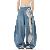 男女 嘻哈爵士舞痞帅阔腿拖地裤 BOYUE帛跃美式 方巾解构弯刀牛仔裤