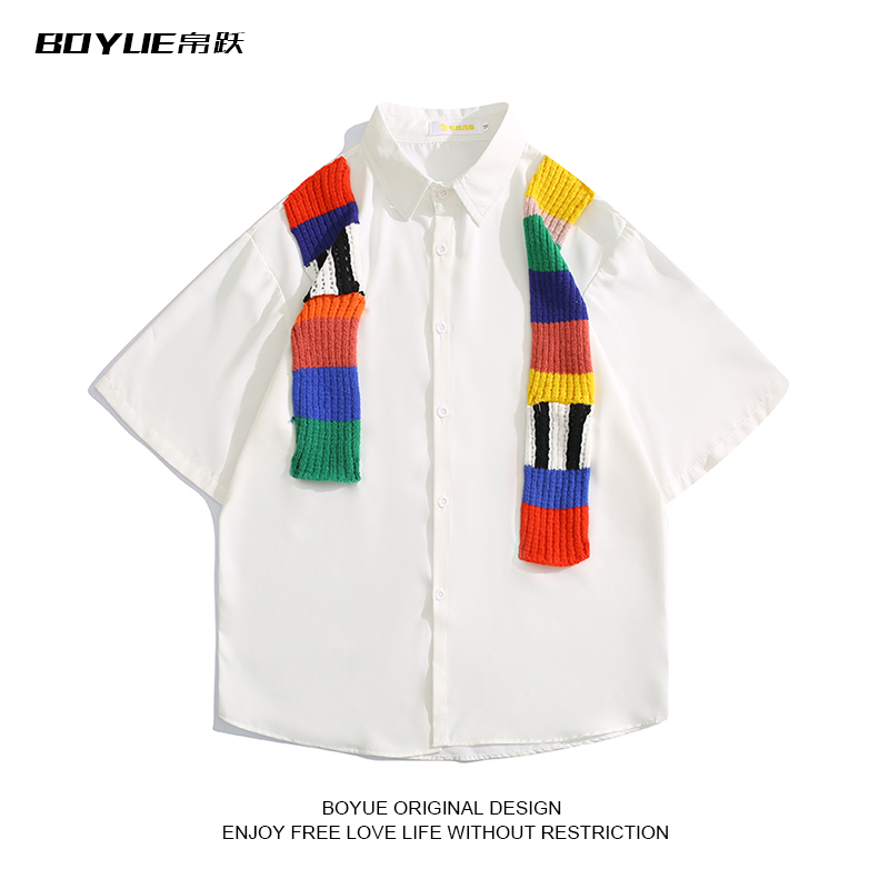 BOYUE帛跃彩虹针织拼接纯色衬衫