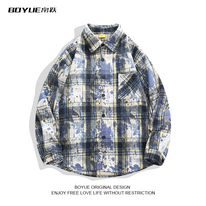 BOYUE帛跃磨毛扎染格子长袖衬衫