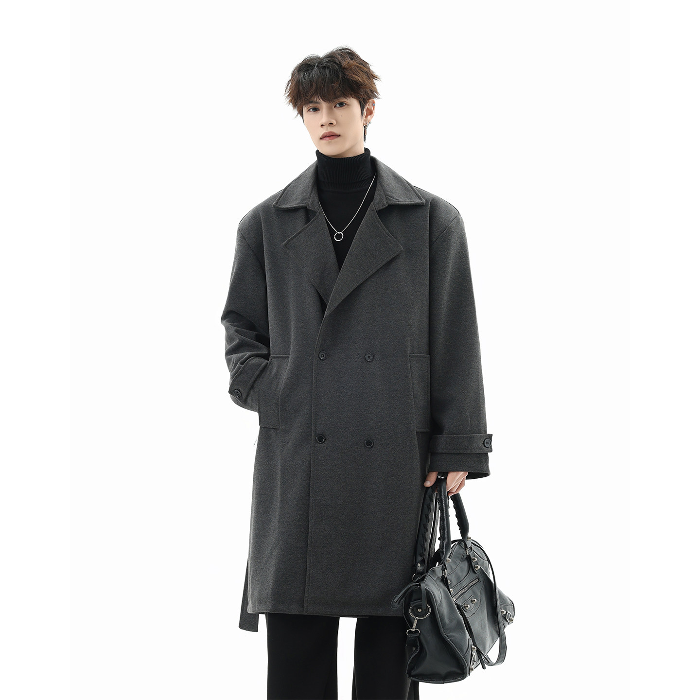 BOYUE帛跃轻熟风时尚帅气毛呢大衣百搭过膝中长款绑带收腰外套男