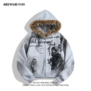 BOYUE帛跃亚比风美式街头毛领连帽卫衣涂鸦小众扎染暗黑男女外套