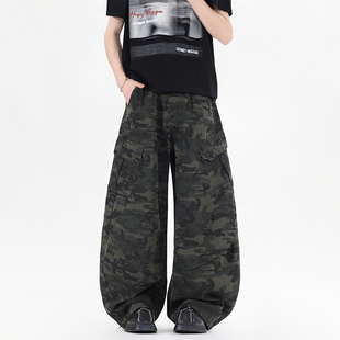 BOYUE帛跃美式迷彩弯刀工装牛仔裤炸街痞帅hiphop阔腿拖地裤男女