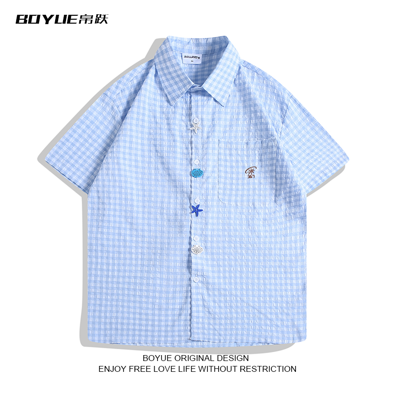 BOYUE帛跃美式趣味纽扣短袖衬衫