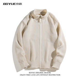 BOYUE帛跃双拉链立领开衫毛衣纯色百搭通勤休闲情侣针织外套男女