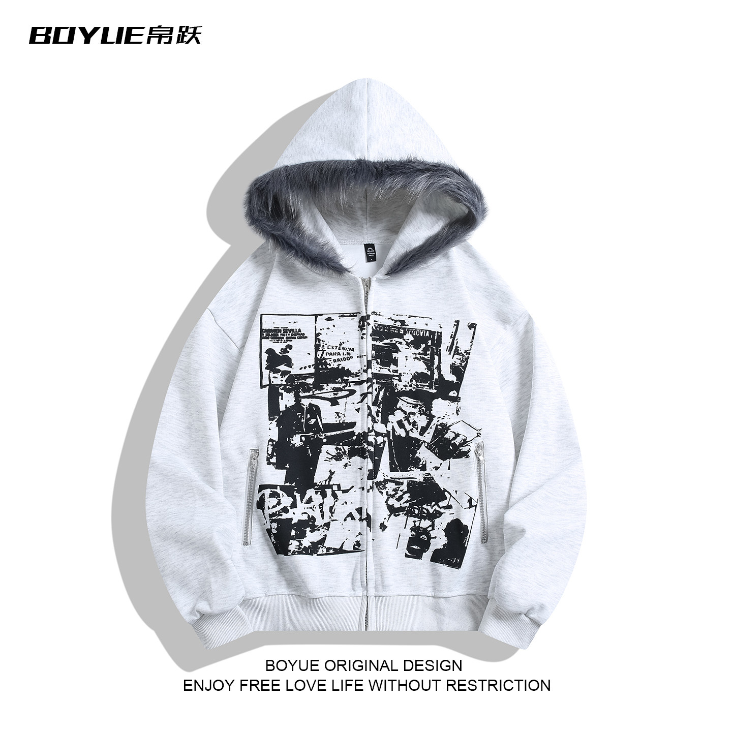 BOYUE帛跃轻亚涂鸦毛领连帽卫衣
