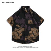 BOYUE帛跃日系古着国风花衬衫 vintage慵懒风高级感痞帅短袖 衬衣男