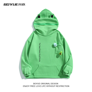 BOYUE帛跃秋冬季 宽松加绒青蛙卫衣男潮ins连帽外套2022情侣设计感