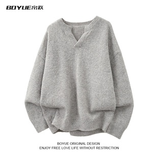 BOYUE帛跃慵懒风V领纯色毛衣男女鹿毛绒软糯针织衫高级感情侣上衣