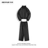 BOYUE帛跃户外运动休闲条纹两件装 夹克外套配阔腿长裤 美式 ins工装