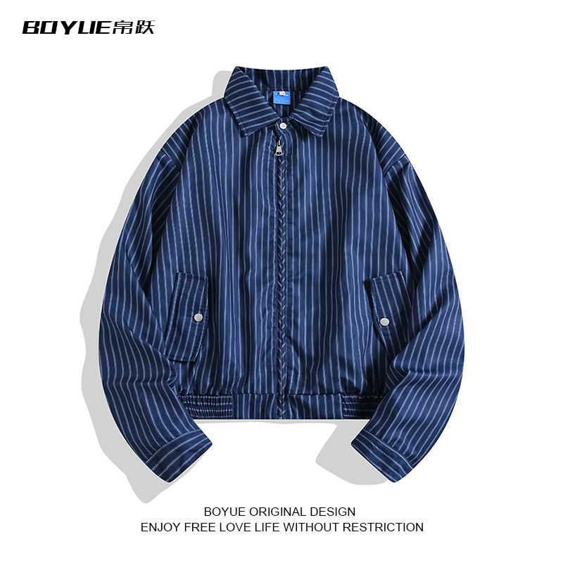 BOYUE帛跃ins潮牌设计感翻领条纹夹克美式青少年宽松休闲外套男女,男装,夹克,淘宝优惠券,粉丝福利购,淘宝优惠卷