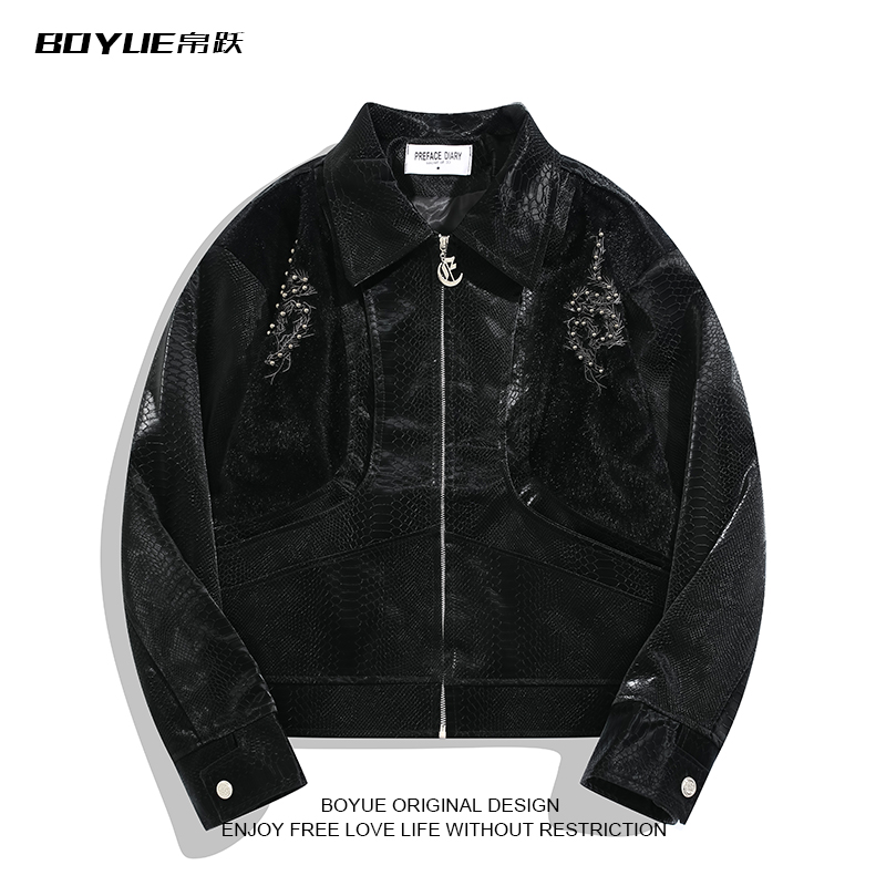 BOYUE帛跃蛇皮钉珠刺绣皮衣夹克