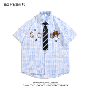 BOYUE帛跃日系猫咪格子领带短袖男女情侣学院风休闲刺绣卡通衬衫