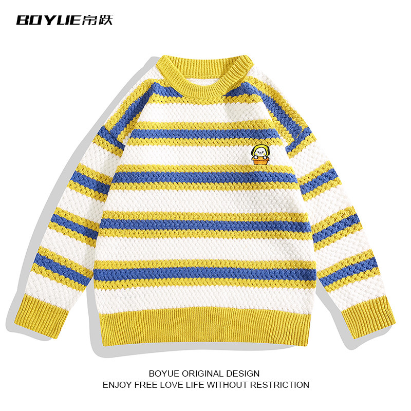 BOYUE帛跃麻花编织条纹撞色毛衣小奶狗刺绣青春潮流情侣针织衫男