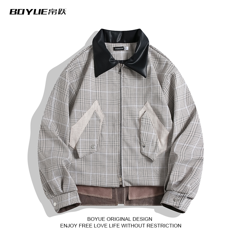 BOYUE帛跃千鸟格拼接皮领外套男