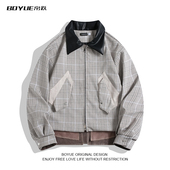 BOYUE帛跃复古千鸟格拼接设计感外套皮领廓形老钱风休闲男女夹克