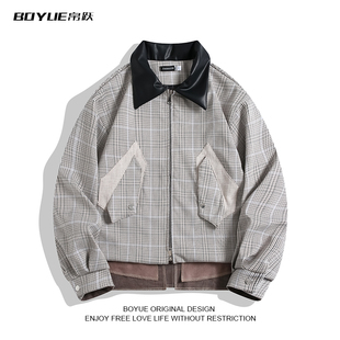 BOYUE帛跃复古千鸟格拼接设计感外套皮领廓形老钱风休闲男女夹克