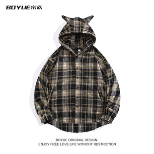 设计感小众毛边街头薄款 BOYUE帛跃潮牌小恶魔连帽格子衬衫 外套男