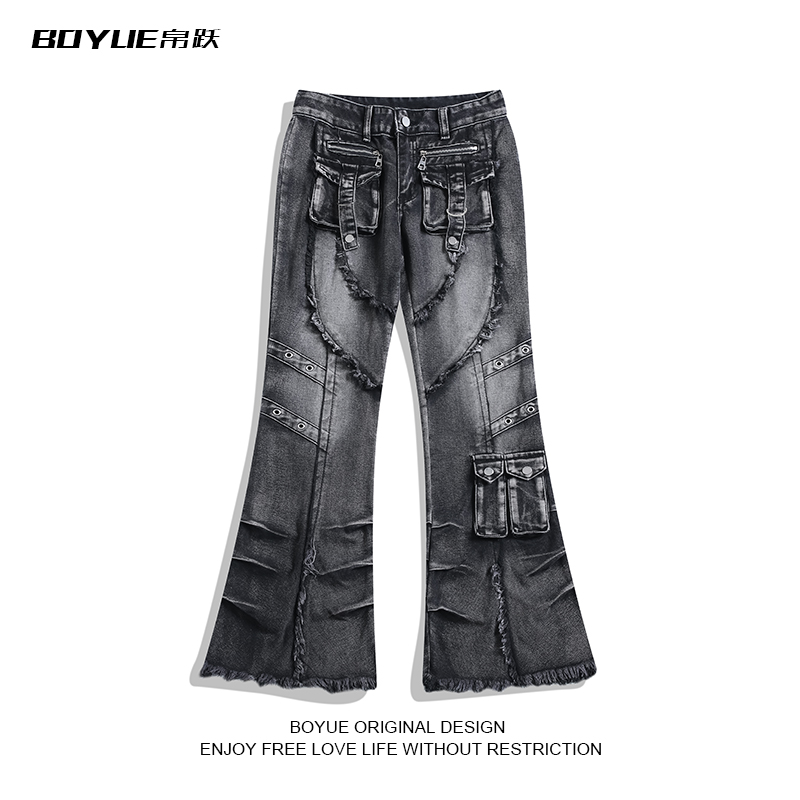BOYUE帛跃毛边做旧微喇牛仔裤男