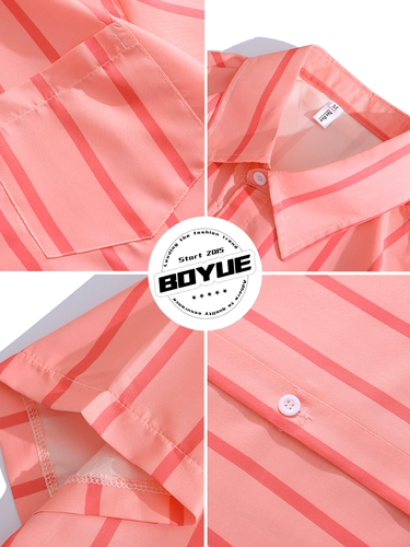 BOYUE Шелковистая рубашка в американском стиле в розовую полоску из ледяного шелка Ниша Sunshine Красивый пляжный отдых с коротким рукавом Мужская рубашка