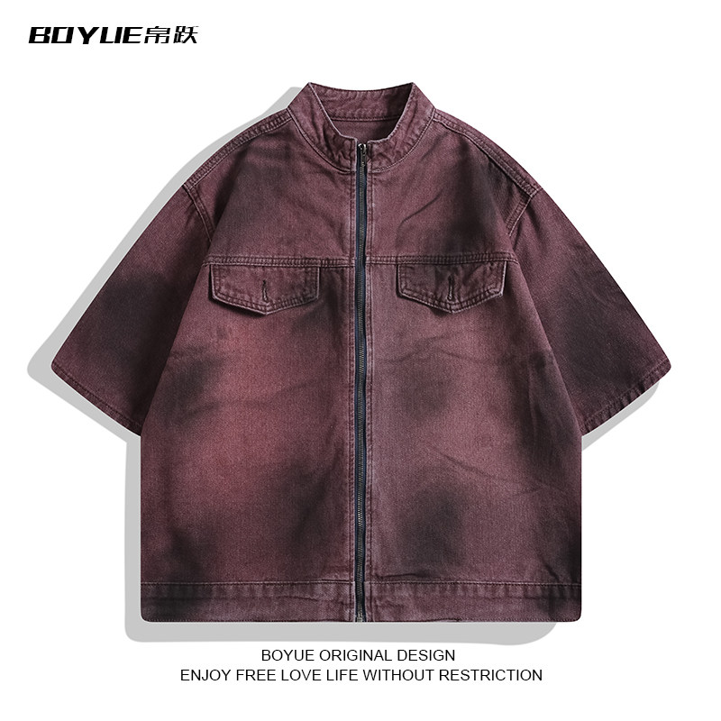 BOYUE帛跃美式脏脏做旧拉链垫肩牛仔衬衫男立领休闲帅气工装短袖