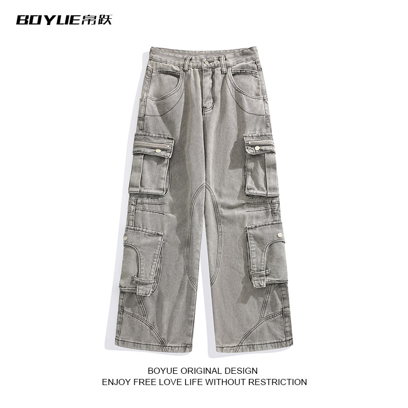BOYUE帛跃美式重工炮弹多口袋工装牛仔裤做旧bf炸街直筒拖地裤男,男装,牛仔裤,淘宝优惠券,粉丝福利购,淘宝优惠卷