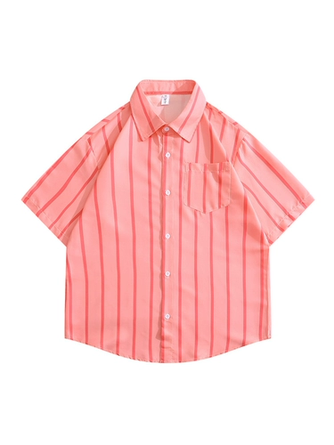 BOYUE Шелковистая рубашка в американском стиле в розовую полоску из ледяного шелка Ниша Sunshine Красивый пляжный отдых с коротким рукавом Мужская рубашка